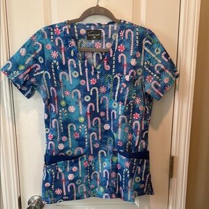 Butter-Soft Blue Candy Cane Scrub Top